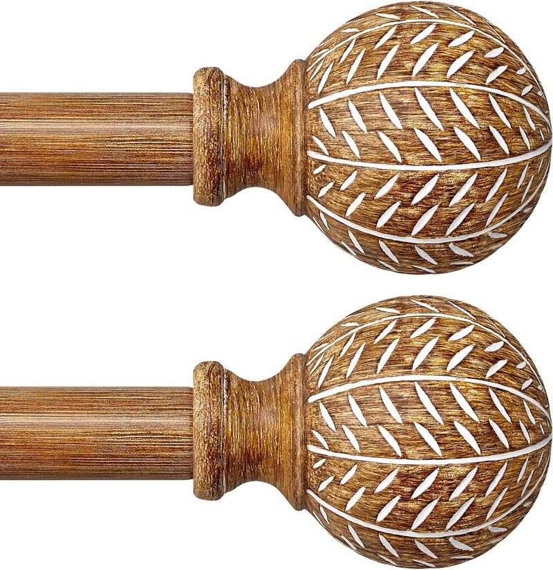 QDWIS 2 Pack Wood Curtain Rods for Windows 72 to 144 Inch,1'' Diameter Drapery Rods with Imitation Wood Grain Leaf Pattern Finials,Boho Adjustable Heavy Duty Curtain Rods Set,36-150'',Natural Wood - Image 1